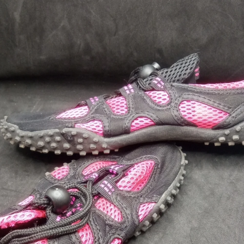 Ladies Size 7 Pink and Black Water Shoes with Rugged Sole and Breathable Mesh